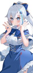 1girl absurdres blue_bow blue_capelet blue_eyes blue_hair blue_nails blue_skirt blush bow breasts capelet center_frills closed_mouth commentary cosmo_ruru double_w frilled_skirt frills fur-trimmed_capelet fur_trim grey_hair hair_between_eyes hair_bow hair_ornament hands_up high-waist_skirt highres indie_virtual_youtuber medium_breasts meito_(maze) middle_w multicolored_hair nail_polish planet_hair_ornament ponytail shirt simple_background skirt smile solo star_(symbol) star_hair_ornament streaked_hair w white_background white_shirt