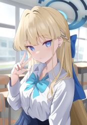 Rule 34 | 1girl, arm at side, blonde hair, blue archive, blue bow, blue bowtie, blue eyes, blue hair, blue nails, blue skirt, blush, bow, bowtie, braid, classroom, closed mouth, cowboy shot, desk, dot nose, earrings, expressionless, french braid, hair between eyes, hair bow, halo, hand up, high-waist skirt, highres, indoors, jewelry, long bangs, looking at viewer, multicolored hair, nail polish, pleated skirt, raimu (clanberry000), school desk, school uniform, shirt tucked in, skirt, solo, straight hair, streaked hair, stud earrings, toki (blue archive), w, window