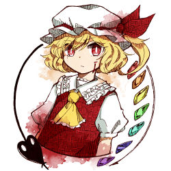 Rule 34 | 1girl, blonde hair, blood, blood on face, bright pupils, commentary request, cropped torso, crystal, flandre scarlet, hat, hat ribbon, laevatein, looking at viewer, mob cap, red eyes, red ribbon, red vest, ribbon, shirt, short hair, short sleeves, side ponytail, solo, tama (hiroshige 36), touhou, upper body, vest, white background, white hat, white pupils, white shirt, wings, yellow neckwear