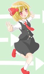 Rule 34 | 1girl, :o, arrow (symbol), blonde hair, chinoru, hair ribbon, highres, necktie, outstretched arms, red eyes, red necktie, ribbon, rumia, shirt, short hair, skirt, solo, spread arms, touhou, vest