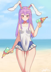 Rule 34 | 1girl, absurdres, animal ears, beach, blue sky, blush, breasts, collarbone, covered navel, day, dual wielding, frills, gluteal fold, highres, holding, holding water gun, horizon, light smile, littiecy, long hair, looking at viewer, ocean, one-piece swimsuit, outdoors, purple hair, rabbit ears, red eyes, reisen udongein inaba, sky, small breasts, solo, swimsuit, touhou, very long hair, water, water gun