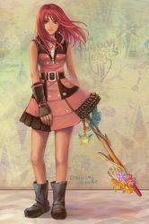 Rule 34 | 1girl, artist name, belt, belt buckle, black dress, blue eyes, boots, breasts, buckle, commentary, copyright name, dicesms, dress, facing viewer, fingerless gloves, floating hair, flower, full body, gloves, happy, highres, holding, holding weapon, jewelry, kairi (kingdom hearts), keyblade, kingdom hearts, kingdom hearts iii, lips, long hair, looking at viewer, medium breasts, multicolored clothes, multicolored dress, necklace, parted lips, pink dress, red hair, shirt, skirt, sleeveless, sleeveless dress, smile, solo, standing, star (symbol), teeth, weapon, white shirt, wind, zipper, zipper pull tab