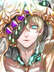 Rule 34 | 1boy, aladdin (sinoalice), arabian clothes, blonde hair, blue eyes, corruption, glowing, glowing eyes, headdress, highres, looking at viewer, male focus, ogamiomi, one eye covered, open mouth, parted lips, short hair, sinoalice, solo, veil