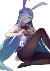 Rule 34 | 1girl, animal ears, aqua hair, bare shoulders, black pantyhose, blue hair, blue nails, brynhildr (fate), chain, closed mouth, fake animal ears, fake tail, fate (series), female focus, fingernails, hair over one eye, heart, heart-shaped boob challenge, heart hands, highres, long fingernails, long hair, nail polish, no shoes, pantyhose, purple eyes, qiongsheng, rabbit ears, rabbit tail, simple background, smile, solo, tail, thighs, very long hair, white background