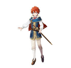 Rule 34 | 1boy, aged down, azu-taro, blue eyes, brown footwear, capelet, eliwood (fire emblem), fire emblem, fire emblem: the blazing blade, fire emblem heroes, holding, holding sword, holding weapon, looking at viewer, male focus, neck ribbon, nintendo, official alternate costume, official art, red capelet, red hair, red ribbon, ribbon, sheath, smile, solo, sword, weapon