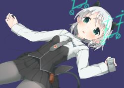 Rule 34 | 1girl, animal ears, black pantyhose, blush, cat ears, cat tail, d:, digital media player, earbuds, earphones, green hair, hirschgeweih antennas, muku (muku-coffee), necktie, open mouth, pantyhose, sanya v. litvyak, short hair, silver hair, simple background, solo, strike witches, tail, world witches series
