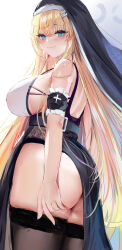 Rule 34 | 1girl, absurdres, ass, black dress, black thighhighs, blonde hair, blue eyes, blush, breasts, closed mouth, cross, dress, hair between eyes, highres, large breasts, long hair, looking at viewer, looking to the side, lshiki, nun, original, pelvic curtain, sideboob, simple background, smile, solo, standing, thighhighs, very long hair, white background