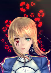 Rule 34 | 1girl, armor, artoria pendragon (fate), bad id, bad pixiv id, bleeding, blonde hair, blood, blood on face, blue eyes, crow (glhtca), fate/stay night, fate (series), hair in own mouth, heterochromia, lips, long hair, looking at viewer, saber (fate), solo, type-moon, yellow eyes