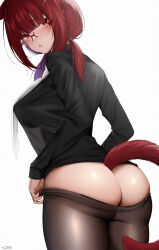 Rule 34 | 1girl, absurdres, animal ears, ass, black pantyhose, breasts, butt crack, cat ears, cat tail, dutch angle, facial mark, final fantasy, final fantasy xiv, from behind, glasses, highres, large breasts, long hair, looking at viewer, miqo&#039;te, no bra, no panties, pantyhose, red eyes, red hair, semi-rimless eyewear, shhilee, solo, tail, warrior of light (ff14), whisker markings, white background