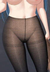 Rule 34 | 1girl, bag, black pantyhose, blue hair, breasts, breasts apart, contrapposto, gurande (g-size), head out of frame, highres, hip focus, large breasts, long hair, navel, no panties, original, pantyhose, shopping bag, simple background, solo, thighband pantyhose, topless