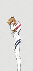 Rule 34 | 1girl, artist request, bodysuit, breasts, brown hair, covering face, cowboy shot, evangelion: 3.0+1.0 thrice upon a time, gloves, hair ornament, highres, long hair, medium breasts, neon genesis evangelion, plugsuit, rebuild of evangelion, shiny clothes, skin tight, solo, souryuu asuka langley, standing, twintails, two side up, very long hair, white bodysuit, white gloves