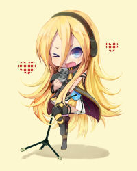 Rule 34 | 1girl, blonde hair, blue eyes, boots, chibi, collar, fang, headphones, highres, lily (vocaloid), long hair, microphone, microphone stand, oharu, one eye closed, skirt, smile, solo, thigh boots, thighhighs, vocaloid, wink