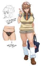 Rule 34 | 1girl, bad id, bad pixiv id, black panties, blush, breasts, brown footwear, brown hair, candy, cardigan, character sheet, female focus, food, fujisaki kaoru, full body, highres, lace, lace panties, large breasts, loafers, lollipop, loose socks, mama (mama hiro), miniskirt, muchigaku, panties, partially colored, pleated skirt, plump, school uniform, shirt, shoes, skirt, socks, solo, taut clothes, taut shirt, translation request, underwear, white background, white socks