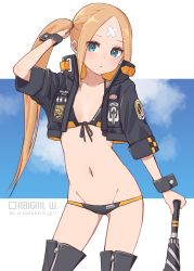 Rule 34 | 1girl, abigail williams (fate), abigail williams (traveling outfit) (fate), absurdres, adapted costume, bandaid, bandaid on face, bandaid on forehead, belt, bikini, black bikini, black jacket, blonde hair, blue eyes, blue sky, boots, breasts, character name, closed mouth, collarbone, cropped jacket, crossed bandaids, fate/grand order, fate (series), forehead, heroic spirit traveling outfit, high collar, highres, jacket, kopaka (karda nui), long hair, official alternate costume, open clothes, open jacket, orange belt, parted bangs, race queen, side ponytail, sky, small breasts, solo, swimsuit, thigh boots, thighhighs, thighs, umbrella, wrist cuffs