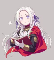 Rule 34 | !, 1girl, :o, book, cape, cropped torso, edelgard von hresvelg, fire emblem, fire emblem: three houses, food, fringe trim, garreg mach monastery uniform, gloves, grey background, hair ribbon, hiyori (rindou66), holding, holding food, long hair, long sleeves, looking at viewer, nintendo, open book, parted lips, purple eyes, purple ribbon, red cape, ribbon, silver hair, simple background, solo, speech bubble, spoken exclamation mark, sweat, upper body, white gloves