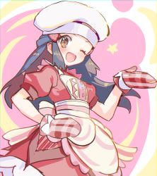 Rule 34 | 1girl, ;d, apron, blush, brown eyes, chef hat, commentary, creatures (company), dawn (palentine&#039;s 2021) (pokemon), dawn (pokemon), dress, eyelashes, frills, game freak, hair ornament, hairclip, hand on own hip, hand up, hat, long hair, looking at viewer, mittens, nintendo, official alternate costume, one eye closed, open mouth, oven mitts, pokemon, pokemon masters ex, red dress, red mittens, short sleeves, sidelocks, sketch, smile, solo, star (symbol), symbol-only commentary, tongue, tpi ri