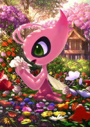 Rule 34 | alternate color, antennae, celebi, commentary, creatures (company), day, flower, flower request, game freak, gen 2 pokemon, green eyes, highres, holding, holding flower, karamimame, legendary pokemon, light rays, looking at object, mythical pokemon, nintendo, no humans, open mouth, outdoors, pokemon, pokemon (creature), shiny pokemon, shrine, sitting, tree, wariza