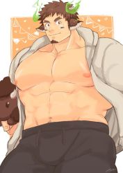 Rule 34 | 1boy, abs, alternate pectoral size, alternate skin color, animal ears, bara, bare pectorals, black pants, brown eyes, brown hair, bulge, casual, cow boy, cow ears, cow horns, cowboy shot, facial hair, forked eyebrows, goatee, harada (basashi), holding, holding stuffed toy, hood, hooded jacket, horns, jacket, large pectorals, looking at viewer, male focus, muscular, muscular male, navel, nipples, official alternate costume, open clothes, open jacket, pants, pectorals, short hair, sideburns, smile, solo, spiked hair, stomach, stuffed animal, stuffed toy, thick eyebrows, thick thighs, thighs, tokyo houkago summoners, track pants, wakan tanka, white jacket