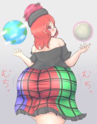 Rule 34 | 1girl, ass, ass shake, bad id, bad pixiv id, blush, earth (planet), fat, from behind, frown, guroo (shine119), hecatia lapislazuli, highres, huge ass, looking at viewer, looking back, moon, off-shoulder shirt, off shoulder, planet, plump, red eyes, red hair, shirt, short hair, solo, thick thighs, thighs, touhou, translation request