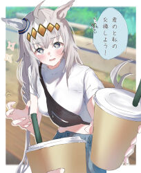 Rule 34 | + +, 1girl, 1other, ahoge, animal ears, bad hands, bench, blue pants, blurry, blurry background, breasts, crop top, cup, depth of field, disposable cup, drinking straw, fanny pack, grey eyes, grey hair, ha (hura76752775), highres, holding, holding cup, horse ears, horse girl, horse tail, long hair, medium breasts, midriff, multicolored hair, oguri cap (umamusume), pants, shirt, short sleeves, solo focus, tail, trainer (umamusume), translation request, two-tone hair, umamusume, very long hair, white hair, white shirt