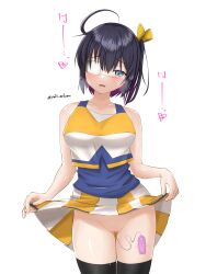 Rule 34 | 1girl, :o, absurdres, ahoge, bare shoulders, black thighhighs, blue shirt, blush, breasts, cheerleader, chuunibyou demo koi ga shitai!, clothes lift, collarbone, commentary request, cowboy shot, eyepatch, hair ribbon, heart, highres, large breasts, lifting own clothes, object insertion, pussy, pussy juice, ribbon, sex toy, shirt, simple background, skirt, skirt lift, solo, takanashi rikka, thighhighs, vaginal, vaginal object insertion, vibrator, white background, white shirt, white skirt, yellow ribbon, yellow shirt, yellow skirt, yuki artman