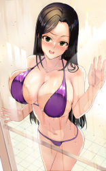 Rule 34 | 1girl, absurdres, against glass, ashita (2010), bad id, bad twitter id, bikini, black hair, blush, breast press, breasts, breasts on glass, collarbone, commentary request, cowboy shot, fang, from above, green eyes, hand on glass, highres, idolmaster, idolmaster cinderella girls, indoors, large breasts, long hair, looking at viewer, mukai takumi, navel, open mouth, purple bikini, shower (place), solo, stomach, straight hair, swimsuit, tile floor, tiles, tongue, wet