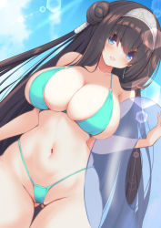 Rule 34 | 1girl, :d, bikini, blue eyes, blush, breasts, brown hair, cleavage, curvy, gluteal fold, green bikini, hair bun, highres, huge breasts, inflatable toy, large breasts, long hair, looking at viewer, micro bikini, navel, open mouth, outdoors, rinne (sennen sensou aigis), sennen sensou aigis, single hair bun, sky, smile, solo, sunlight, swimsuit, thick thighs, thigh gap, thighs, thong bikini, twintails, wide hips, yomerinne