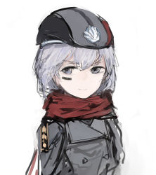 Rule 34 | 1girl, closed mouth, coat, facial mark, girls&#039; frontline, grey coat, grey eyes, grey hair, looking at viewer, mp-446 (girls&#039; frontline), rampart1028, red scarf, scarf, short hair, simple background, solo, upper body, white background
