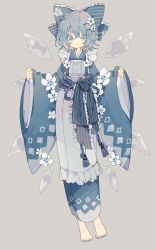 Rule 34 | 1girl, absurdres, alternate costume, apron, barefoot, blue bow, blue eyes, blue hair, blue kimono, blue nails, bow, cirno, closed mouth, commentary, flower, full body, grey background, hair bow, hair flower, hair ornament, highres, ice, ice wings, japanese clothes, kimono, long sleeves, looking at viewer, nail polish, nikorashi-ka, pout, short hair, solo, standing, touhou, white apron, white flower, wide sleeves, wings