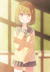 Rule 34 | 1girl, arm up, bad id, bad pixiv id, beige sweater, black sailor collar, black skirt, bob cut, brown eyes, brown hair, chalkboard, classroom, commentary request, evening, furrowed brow, hand on own chest, hand on own stomach, indoors, light brown sweater, long sleeves, looking at viewer, open mouth, original, pleated skirt, sailor collar, school, school uniform, short hair, skirt, solo, standing, sunlight, tsuke (maholabo)