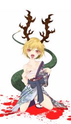 Rule 34 | 1girl, alternate costume, antlers, bare shoulders, blood, breasts, cleavage, collarbone, commentary request, dai zu san, dragon horns, dragon tail, earrings, eyeshadow, fangs, fingernails, floral print, full body, hair between eyes, hand up, hands on own chest, highres, horns, jewelry, kicchou yachie, large breasts, long fingernails, looking at viewer, makeup, mole, mole under eye, nail polish, off shoulder, on one knee, open mouth, red eyes, red eyeshadow, red nails, robe, sarashi, sharp fingernails, sharp teeth, short hair, simple background, slit pupils, solo, tail, teeth, tongue, tongue out, touhou, underboob, white background
