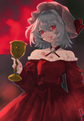Rule 34 | 1girl, absurdres, alternate costume, blood, blood on chest, blood on face, blood on hands, blue hair, bow, brooch, chalice, closed mouth, commentary, cowboy shot, cup, dress, dress bow, frilled dress, frills, hair between eyes, hat, hat ribbon, highres, holding, holding cup, jewelry, lips, long sleeves, looking at viewer, medium hair, mob cap, moon, nail polish, night, off-shoulder dress, off shoulder, pink hat, red bow, red dress, red eyes, red moon, red nails, red ribbon, remilia scarlet, ribbon, solo, tadano1129, touhou, vampire, waist bow