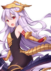 Rule 34 | &gt;:o, 1girl, :o, amemiya ruki, armor, ass, bare shoulders, black bodysuit, blush, bodysuit, breastplate, breasts, bright pupils, elbow gloves, fang, gloves, gold trim, granblue fantasy, hair between eyes, headpiece, highres, light purple hair, long hair, looking at viewer, medusa (shingeki no bahamut), open mouth, pointy ears, red eyes, red gloves, shadowverse, shingeki no bahamut, simple background, sleeveless, small breasts, snake, solo, tail, v-shaped eyebrows, very long hair, white background, wrist guards