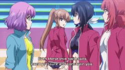 Rule 34 | 10s, 4girls, animated, animated gif, aoba kazane, ass, black hair, bodysuit, bodysuit under clothes, brown hair, competition swimsuit, english text, explanation, jacket, jiggle, kaminashi nozomi, kawai hanabi, keijo!!!!!!!!, latex, legs together, looking at another, looking back, lowres, multiple girls, one-piece swimsuit, purple hair, red hair, rubber, side ponytail, subtitled, swimsuit, swimsuit under clothes, toyoguchi non, track jacket, training suit, wedgie