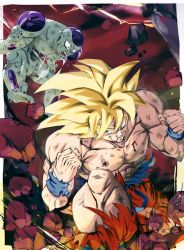 Rule 34 | 1990s (style), 2boys, alien, angry, artist request, battle, battle damage, blonde hair, blood, dragon ball, dragonball z, emphasis lines, fighting, frieza, green eyes, injury, looking at another, looking back, motion lines, multiple boys, muscular, no humans, parody, punching, retro artstyle, simple background, son goku, spiked hair, super saiyan, super saiyan 1, tail, toriyama akira (style), torn clothes, trembling, white background