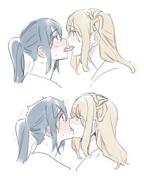 Rule 34 | 2girls, blonde hair, blue hair, blush, commentary request, eye contact, french kiss, highres, kiss, korean commentary, long hair, looking at another, love live!, love live! sunshine!!, matsuura kanan, multiple girls, ohara mari, pito (sh02327), ponytail, saliva, simple background, single hair ring, sweat, tongue, tongue out, twitching, white background, yuri