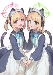Rule 34 | 2girls, absurdres, animal ear headphones, animal ears, apron, black dress, blonde hair, blue archive, blush, cat tail, closed mouth, dress, fake animal ears, green eyes, green halo, halo, headphones, highres, kj keiji, long sleeves, maid, maid apron, maid headdress, midori (blue archive), midori (maid) (blue archive), momoi (blue archive), momoi (maid) (blue archive), multiple girls, official alternate costume, open mouth, pink halo, red eyes, short hair, siblings, simple background, sisters, tail, twins, white apron, white background