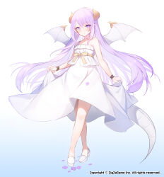 Rule 34 | 1girl, apple caramel, bare shoulders, blue background, bow, closed mouth, collarbone, commentary request, copyright request, crossed legs, dragon girl, dragon horns, dragon tail, dragon wings, dress, flower, frilled dress, frills, full body, gradient background, hair between eyes, high heels, highres, horns, long hair, looking at viewer, official art, pink flower, purple eyes, purple hair, shoes, sleeveless, sleeveless dress, smile, solo, standing, tail, very long hair, white background, white dress, white footwear, white wings, wings, yellow bow