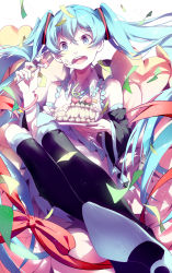 Rule 34 | 1girl, aqua hair, blue eyes, boots, cake, detached sleeves, eating, food, food on face, fork, fruit, hatsune miku, highres, knee boots, kneehighs, long hair, nail polish, necktie, open mouth, rosele, sitting, skirt, socks, solo, strawberry, twintails, very long hair, vocaloid