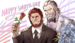 Rule 34 | 2boys, alternate costume, beard, bow, bowtie, crossover, facial hair, fate (series), flower, formal, grey eyes, hand on another&#039;s shoulder, iskandar (fate), konohanaya, looking at another, looking at viewer, male focus, manly, multiple boys, muscular, mustache, necktie, old, old man, one eye closed, overwatch, overwatch 1, reinhardt (overwatch), rose, scar, scar across eye, scar on face, short hair, smile, suit, upper body, white day, white flower, white hair, white suit