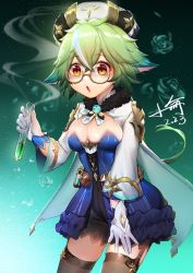 Rule 34 | absurdres, animal ears, black legwear, breasts, cape, cleavage, dated, dog ears, garter straps, genshin impact, glasses, gloves, green hair, hat, highres, holding, low ponytail, multicolored hair, parted lips, potion, semi-rimless eyewear, signature, solo, streaked hair, sucrose (genshin impact), test tube, two-tone hair, vision (genshin impact), white gloves, xiaoyu, yellow eyes