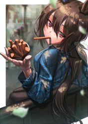 Rule 34 | 1girl, absurdres, admire vega (umamusume), animal ears, black legwear, blue sleeves, blue sweater, blurry, blurry foreground, bow, breasts, brown hair, casual, commentary request, eyelashes, food, food in mouth, french fries, hair between eyes, hair bow, hair ornament, hair ribbon, highres, holding, holding food, horse ears, horse girl, large breasts, leaf, long hair, long sleeves, looking back, low ponytail, red eyes, ribbon, sajin (user pvrm4582), shaded face, shadow, sideboob, sitting, solo, sparkling eyes, sweater, umamusume