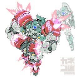 Rule 34 | adele (gundam age), artist name, clenched hands, crossed arms, email address, energy, extra arms, full body, fusion, glowing, glowing eyes, gundam, gundam age, gundam age-1, gundam age-1 titus, highres, kaneko tsukasa, mecha, mobile suit, muscular, no humans, projected inset, robot, signature, simple background, white background