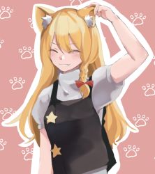 Rule 34 | 1girl, animal ear fluff, black vest, blonde hair, blush, bow, braid, closed eyes, closed mouth, commentary request, cookie (touhou), dare who zzzz, fang, hair between eyes, hair bow, kemonomimi mode, kirisame marisa, long hair, paw print, paw print background, pink background, puffy short sleeves, puffy sleeves, red bow, shirt, short sleeves, side braid, single braid, skin fang, solo, star (symbol), suzu (cookie), touhou, turtleneck, upper body, vest, wavy mouth, white shirt