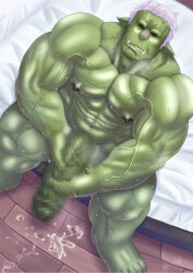 Rule 34 | 1boy, abs, bara, bed sheet, censored, colored skin, completely nude, from above, genta iwayama, girthy penis, goblin, green skin, highres, huge penis, large hands, large pectorals, male focus, male masturbation, masturbation, mature male, monster boy, mosaic censoring, muscular, muscular male, navel, nipples, nude, old, old man, on bed, paid reward available, pectorals, penis, rigurudo (tensei shitara slime datta ken), shaded face, short hair, sitting, solo, strongman waist, tensei shitara slime datta ken, thick thighs, thighs, tusks, veins, veiny arms, veiny pectorals, white hair
