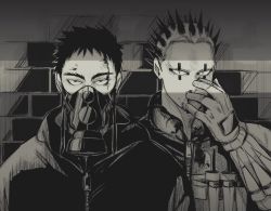 Rule 34 | 2boys, aikawa (dorohedoro), black hair, dorohedoro, facial mark, finger to own nose, florbetriz, gloves, greyscale, highres, looking at viewer, male focus, mask, monochrome, multiple boys, no eyebrows, risu (dorohedoro), short hair, simple background, spiked hair, upper body