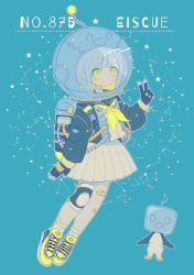 Rule 34 | 1girl, absurdres, air tank, backpack, bag, bandaid, bandaid on leg, black gloves, black jacket, blue background, character name, constellation, creature and personification, creatures (company), eiscue, eiscue (ice), full body, game freak, gen 8 pokemon, gloves, helmet, highres, jacket, knee pads, looking at viewer, narumame, nintendo, personification, pokedex number, pokemon, pokemon (creature), shoes, silver hair, simple background, skirt, sneakers, space helmet, standing, v, white skirt, yellow eyes, yellow footwear