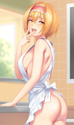 Rule 34 | 1girl, :d, alice margatroid, apron, ass, bare arms, bare shoulders, blonde hair, blush, breasts, commentary request, cowboy shot, hair between eyes, hairband, hand up, highres, indoors, large breasts, looking at viewer, naked apron, open mouth, pink hairband, short hair, sideboob, sidelocks, smile, solo, standing, tarmo, touhou, v, white apron, window, yellow eyes