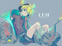 Rule 34 | black shorts, blonde hair, blue eyes, boots, cellphone, character name, grey background, headphones, highres, holding, holding phone, jacket, kagamine len, male focus, mechanical hands, mutomorokoshi, open clothes, open jacket, phone, short ponytail, shorts, simple background, single mechanical hand, sitting, skin tight, smartphone, solo, vocaloid, zipper pull tab