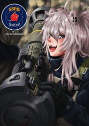 Rule 34 | 1girl, absurdres, animal ears, body armor, botan ch., earrings, fangs, female focus, gloves, highres, holding, holding weapon, hololive, jewelry, lion ears, long hair, looking at viewer, man-portable anti-tank systems, milarkavelik, military, military uniform, nlaw, open mouth, rocket launcher, shishiro botan, smile, solo, ssrb, sweater, uniform, virtual youtuber, weapon, white eyes, white hair